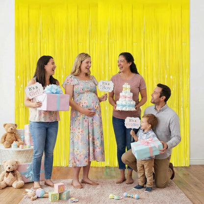 2 Pack Tinsel Backdrop, Metallic Foil Fringe Backdrop Curtain, Streamer Backdrop for Birthday Baby Shower Graduation Easter Thanksgiving Halloween Holiday Party Decorations, Garden Party Decor, Yellow