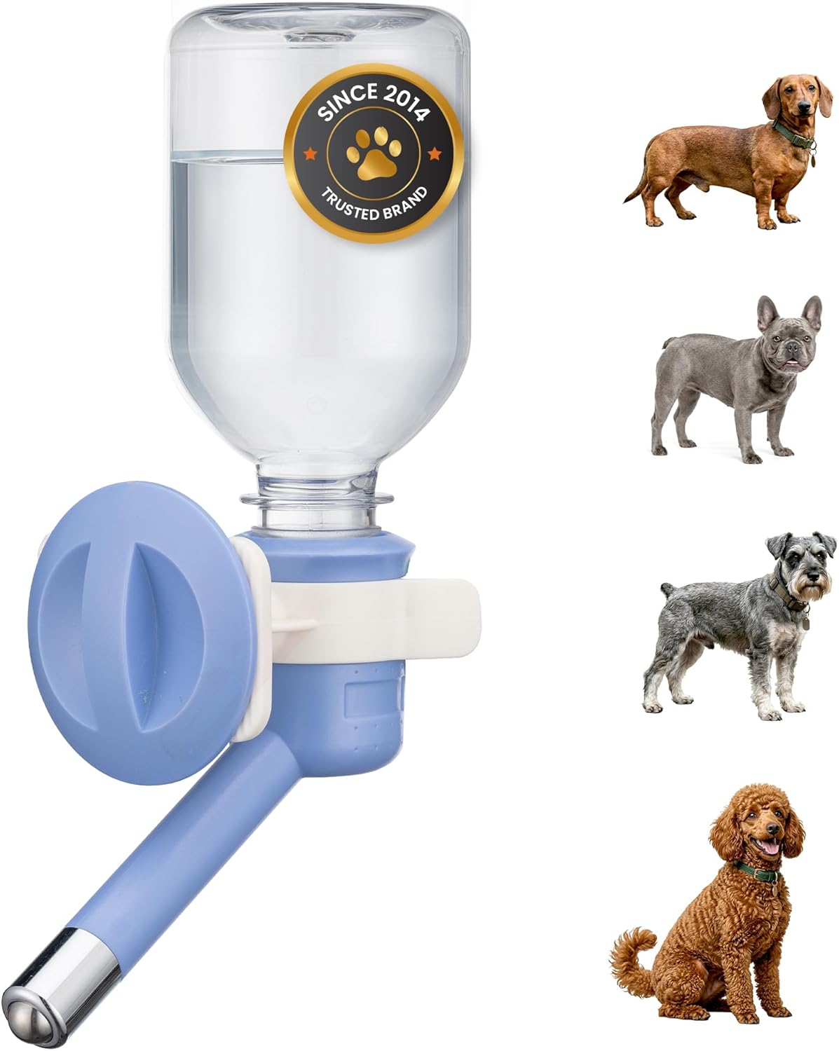 Choco Nose Patented No-Drip Dog Water Bottle/Feeder for Dogs/Cats and Other Small-Medium Sized Animals - for Cages, Crates or Wall Mount. 10.2 Oz. Mess Free Leak-Proof Nozzle 16mm, Blue (C590)