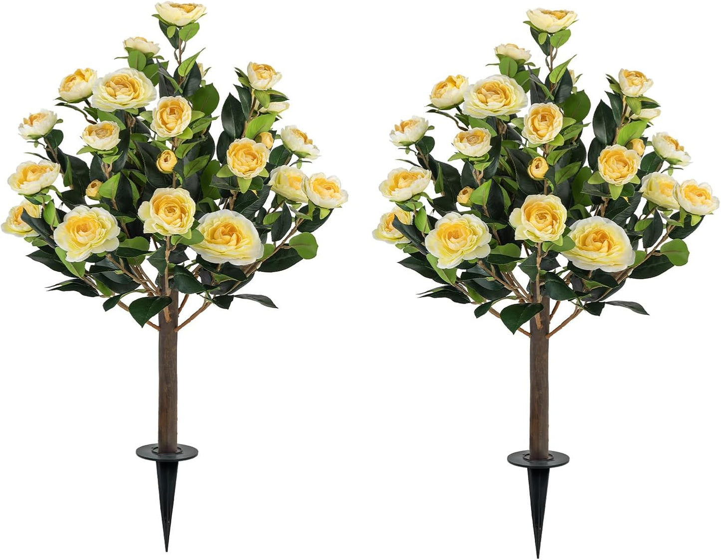 2 Pack Artificial Camellia Tree Plants with Spike, 36" Faux Camellia Flower UV Resistant Fake Floral Blooming Bush for Indoor Outdoor Wedding Front Door Porch Garden Backyard Garden, Yellow