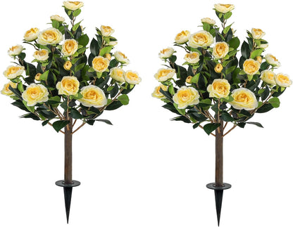 2 Pack Artificial Camellia Tree Plants with Spike, 36" Faux Camellia Flower UV Resistant Fake Floral Blooming Bush for Indoor Outdoor Wedding Front Door Porch Garden Backyard Garden, Yellow