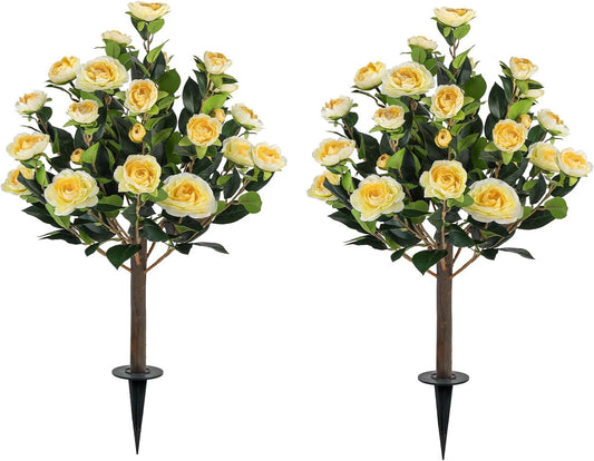2 Pack Artificial Camellia Tree Plants with Spike, 36" Faux Camellia Flower UV Resistant Fake Floral Blooming Bush for Indoor Outdoor Wedding Front Door Porch Garden Backyard Garden, Yellow
