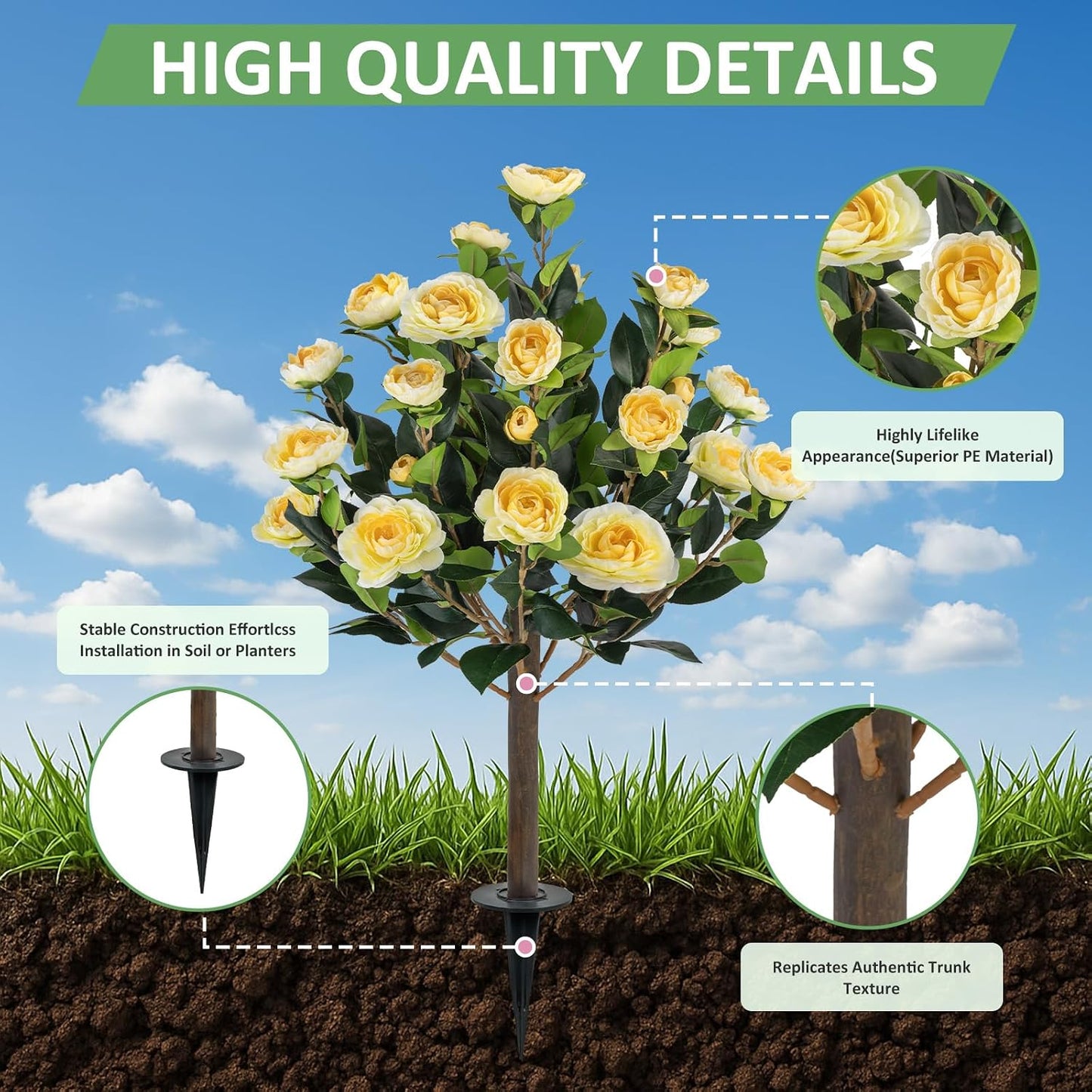 2 Pack Artificial Camellia Tree Plants with Spike, 36" Faux Camellia Flower UV Resistant Fake Floral Blooming Bush for Indoor Outdoor Wedding Front Door Porch Garden Backyard Garden, Yellow