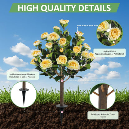 2 Pack Artificial Camellia Tree Plants with Spike, 36" Faux Camellia Flower UV Resistant Fake Floral Blooming Bush for Indoor Outdoor Wedding Front Door Porch Garden Backyard Garden, Yellow