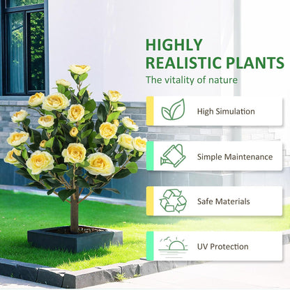 2 Pack Artificial Camellia Tree Plants with Spike, 36" Faux Camellia Flower UV Resistant Fake Floral Blooming Bush for Indoor Outdoor Wedding Front Door Porch Garden Backyard Garden, Yellow