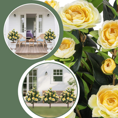 2 Pack Artificial Camellia Tree Plants with Spike, 36" Faux Camellia Flower UV Resistant Fake Floral Blooming Bush for Indoor Outdoor Wedding Front Door Porch Garden Backyard Garden, Yellow