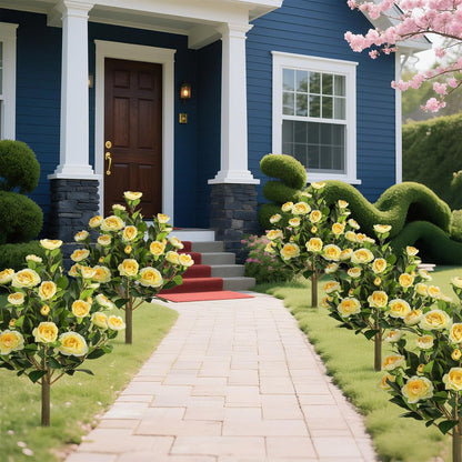 2 Pack Artificial Camellia Tree Plants with Spike, 36" Faux Camellia Flower UV Resistant Fake Floral Blooming Bush for Indoor Outdoor Wedding Front Door Porch Garden Backyard Garden, Yellow
