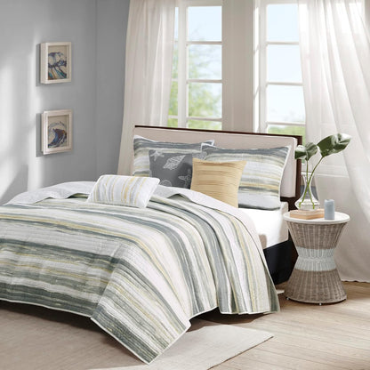 Quilt Set Cottage Coastal Design, 6 Piece Set - All Season, Coverlet Bedspread Lightweight Bedding Layer, Shams, Toss Pillows, King/Cal King(104 in x 94 in), Yellow/Grey