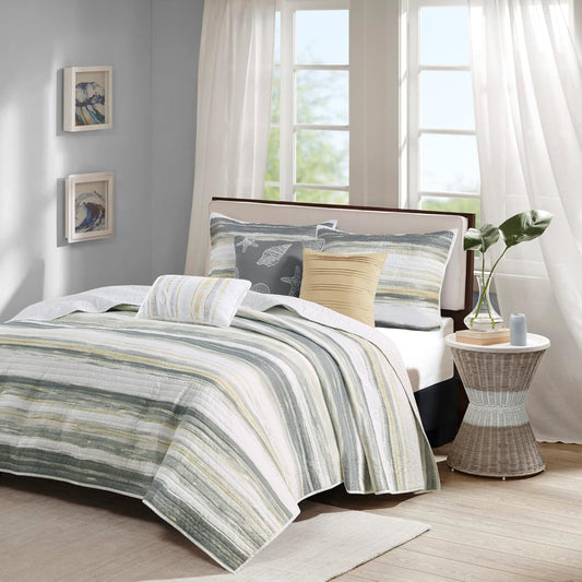 Quilt Set Cottage Coastal Design, 6 Piece Set - All Season, Coverlet Bedspread Lightweight Bedding Layer, Shams, Toss Pillows, King/Cal King(104 in x 94 in), Yellow/Grey