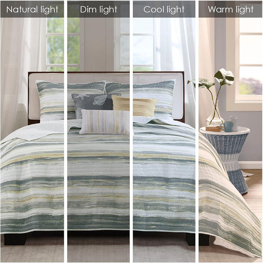 Quilt Set Cottage Coastal Design, 6 Piece Set - All Season, Coverlet Bedspread Lightweight Bedding Layer, Shams, Toss Pillows, King/Cal King(104 in x 94 in), Yellow/Grey