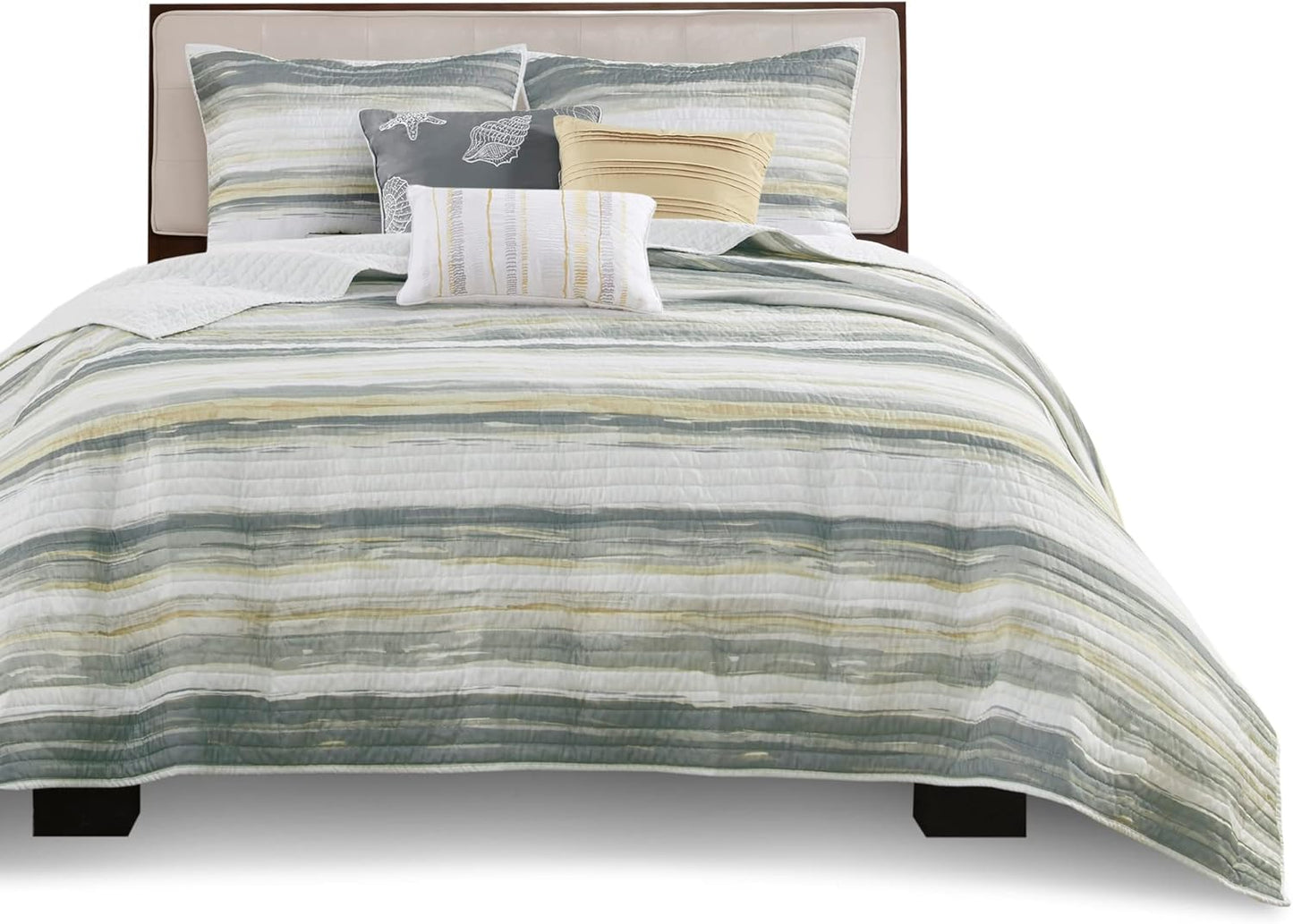 Quilt Set Cottage Coastal Design, 6 Piece Set - All Season, Coverlet Bedspread Lightweight Bedding Layer, Shams, Toss Pillows, King/Cal King(104 in x 94 in), Yellow/Grey