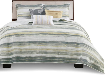 Quilt Set Cottage Coastal Design, 6 Piece Set - All Season, Coverlet Bedspread Lightweight Bedding Layer, Shams, Toss Pillows, King/Cal King(104 in x 94 in), Yellow/Grey