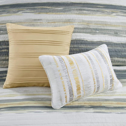 Quilt Set Cottage Coastal Design, 6 Piece Set - All Season, Coverlet Bedspread Lightweight Bedding Layer, Shams, Toss Pillows, King/Cal King(104 in x 94 in), Yellow/Grey