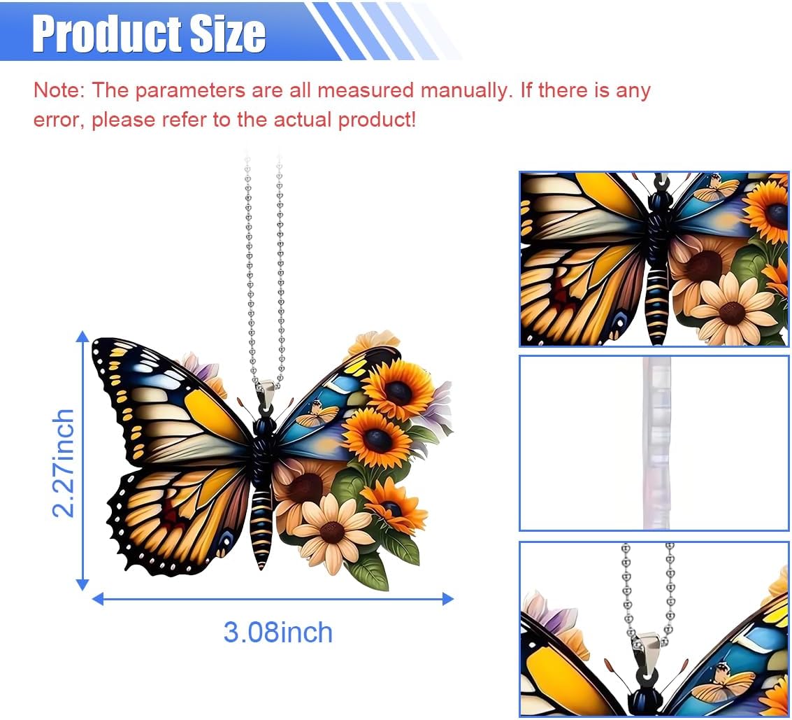 Butterfly Car Rearview Mirror Accessories, Cute Acrylic Hanging Car Rearview Mirror Charm, Sunflower Car Ornament Pendant for Home Decoration Keepsake Christmas Valentine's Day Gift (Yellow&Black)