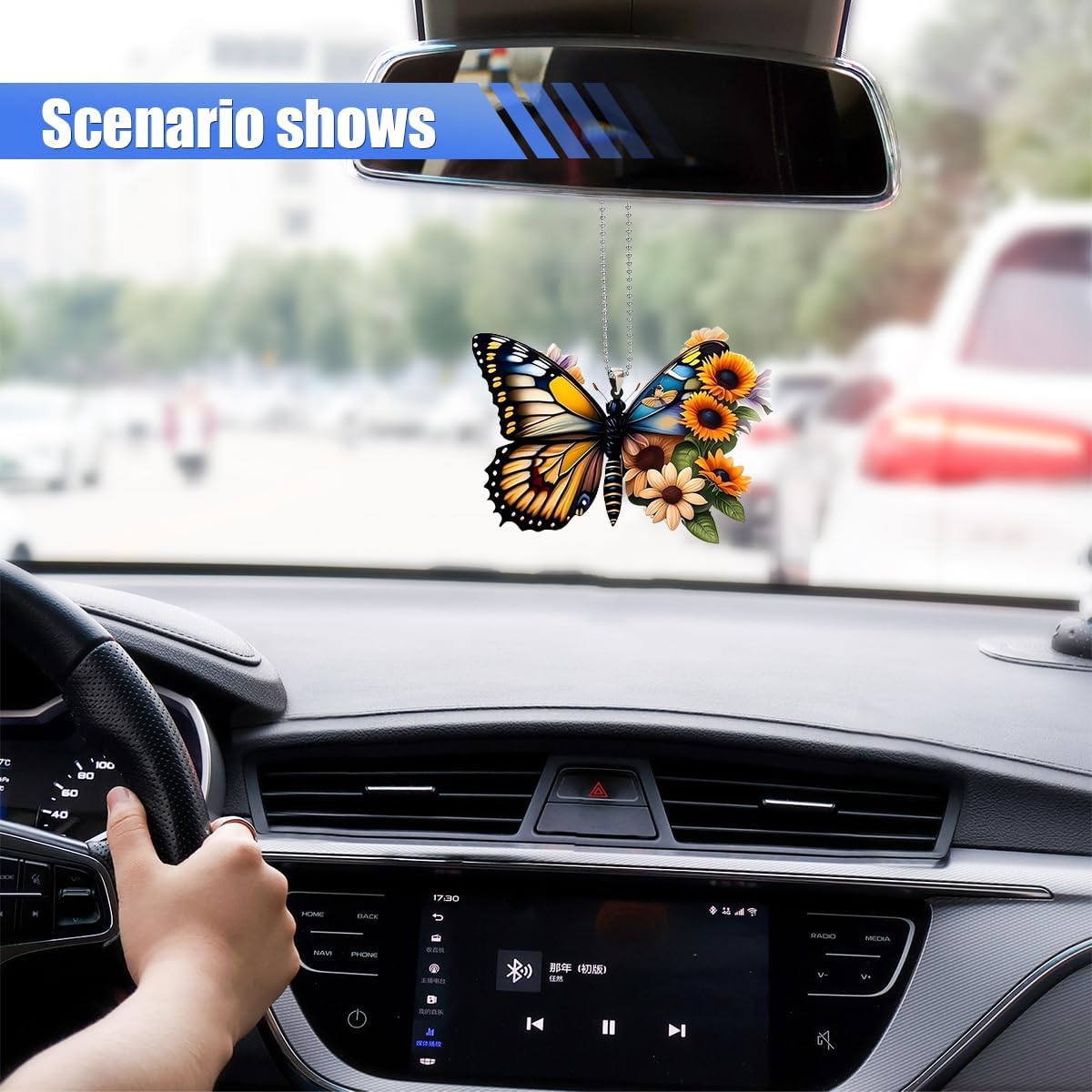 Butterfly Car Rearview Mirror Accessories, Cute Acrylic Hanging Car Rearview Mirror Charm, Sunflower Car Ornament Pendant for Home Decoration Keepsake Christmas Valentine's Day Gift (Yellow&Black)
