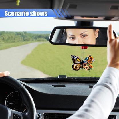 Butterfly Car Rearview Mirror Accessories, Cute Acrylic Hanging Car Rearview Mirror Charm, Sunflower Car Ornament Pendant for Home Decoration Keepsake Christmas Valentine's Day Gift (Yellow&Black)