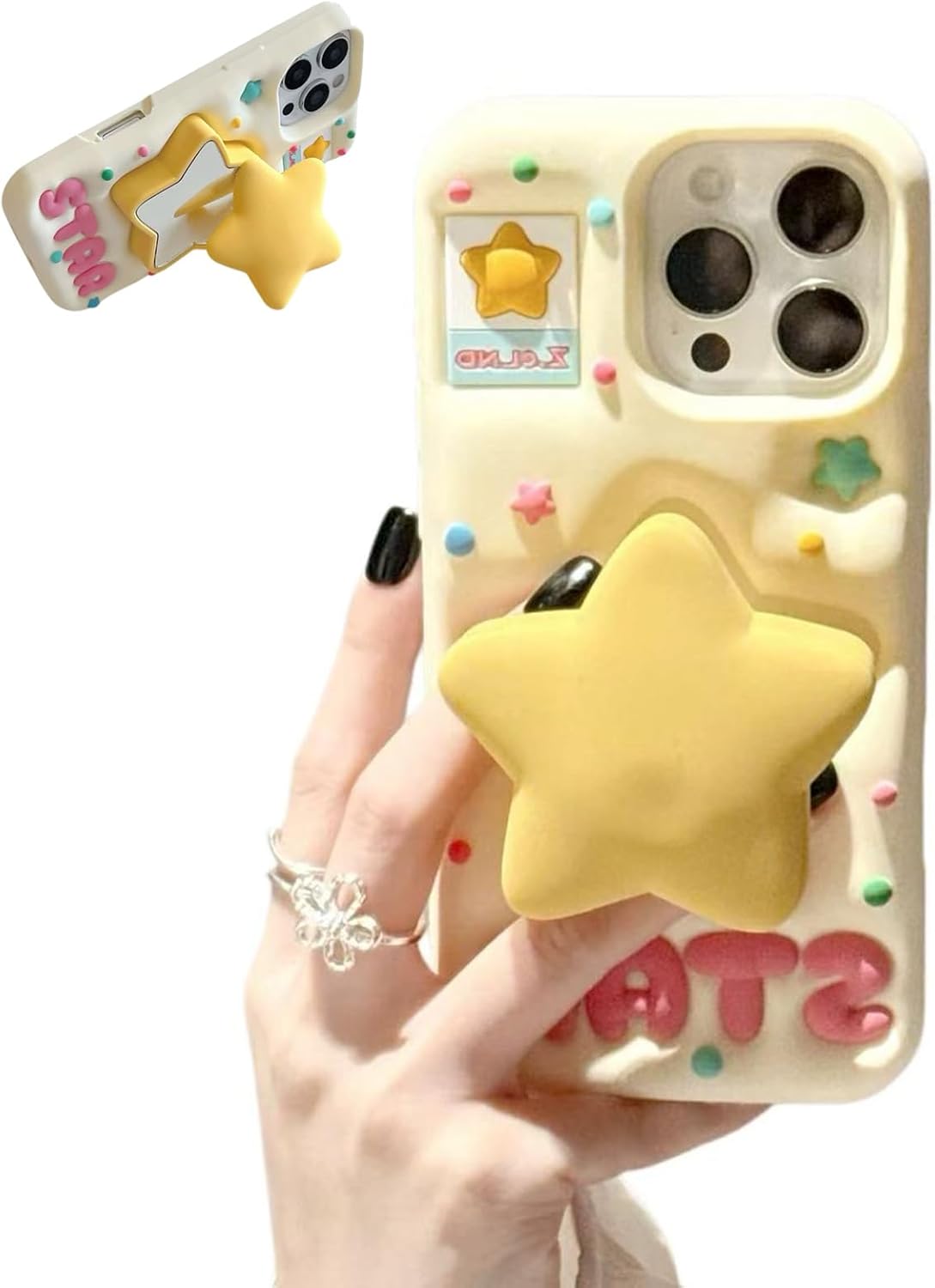 for iPhone 16 Pro Max Case 3D Cute Stars Silicone Cover with 3D Star Pop-Up Mirror Stand and Grip Phone Case Kids Girls Soft Protective Shockproof TPU Cover for iPhone 16 Pro Max-Yellow