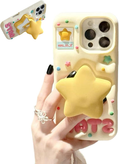 for iPhone 16 Pro Max Case 3D Cute Stars Silicone Cover with 3D Star Pop-Up Mirror Stand and Grip Phone Case Kids Girls Soft Protective Shockproof TPU Cover for iPhone 16 Pro Max-Yellow