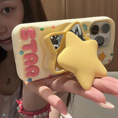 for iPhone 16 Pro Max Case 3D Cute Stars Silicone Cover with 3D Star Pop-Up Mirror Stand and Grip Phone Case Kids Girls Soft Protective Shockproof TPU Cover for iPhone 16 Pro Max-Yellow