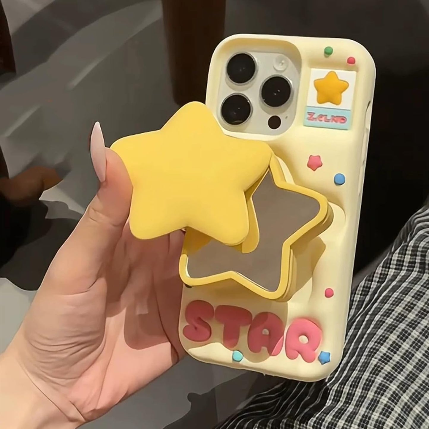 for iPhone 16 Pro Max Case 3D Cute Stars Silicone Cover with 3D Star Pop-Up Mirror Stand and Grip Phone Case Kids Girls Soft Protective Shockproof TPU Cover for iPhone 16 Pro Max-Yellow