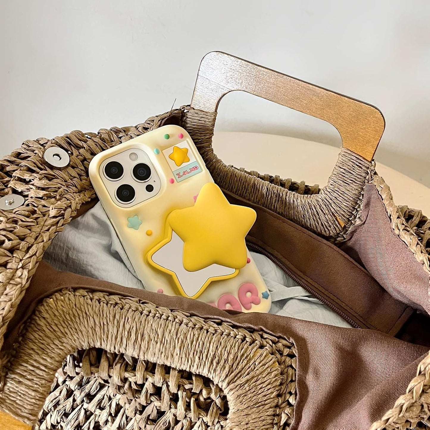 for iPhone 16 Pro Max Case 3D Cute Stars Silicone Cover with 3D Star Pop-Up Mirror Stand and Grip Phone Case Kids Girls Soft Protective Shockproof TPU Cover for iPhone 16 Pro Max-Yellow