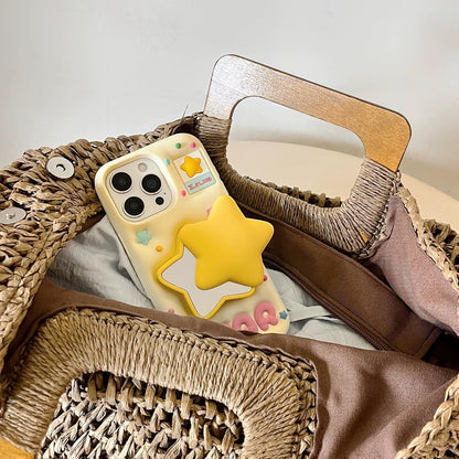 for iPhone 16 Pro Max Case 3D Cute Stars Silicone Cover with 3D Star Pop-Up Mirror Stand and Grip Phone Case Kids Girls Soft Protective Shockproof TPU Cover for iPhone 16 Pro Max-Yellow