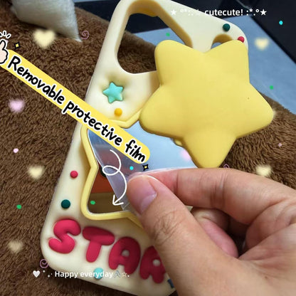 for iPhone 16 Pro Max Case 3D Cute Stars Silicone Cover with 3D Star Pop-Up Mirror Stand and Grip Phone Case Kids Girls Soft Protective Shockproof TPU Cover for iPhone 16 Pro Max-Yellow