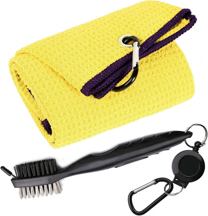 Golf Towels, Microfiber Waffle Pattern Tri-fold Golf Towel - Brush Tool Kit with Club Groove Cleaner, with Clip Men Women Golf Gifts (Yellow Towel+Black Brush)