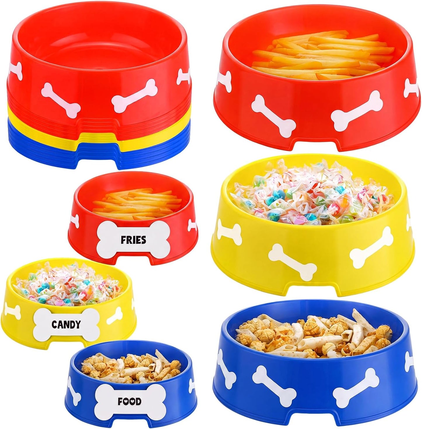 12 Pack Dog Paw Plastic Bowls Dog Theme Birthday Decoration Party Supplies Blue Yellow Snack Bowls Plates Puppy Food Trays with Bone Cards for Party Favors Table Centerpieces(Red)