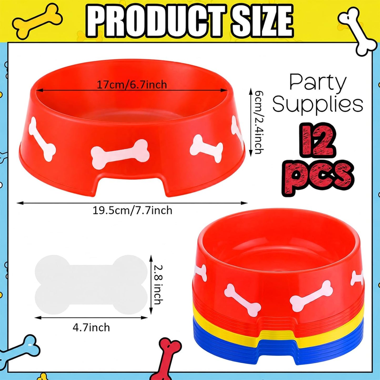 12 Pack Dog Paw Plastic Bowls Dog Theme Birthday Decoration Party Supplies Blue Yellow Snack Bowls Plates Puppy Food Trays with Bone Cards for Party Favors Table Centerpieces(Red)
