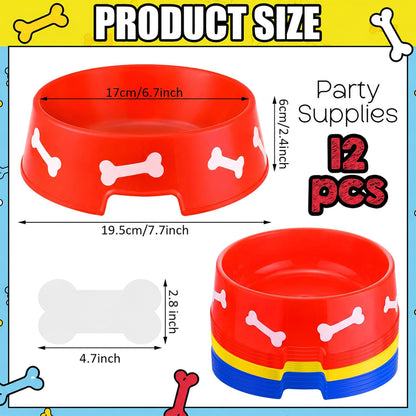 12 Pack Dog Paw Plastic Bowls Dog Theme Birthday Decoration Party Supplies Blue Yellow Snack Bowls Plates Puppy Food Trays with Bone Cards for Party Favors Table Centerpieces(Red)