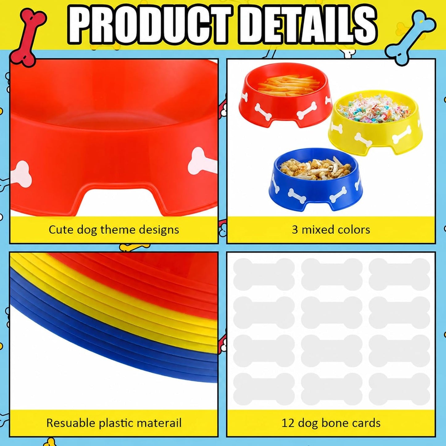 12 Pack Dog Paw Plastic Bowls Dog Theme Birthday Decoration Party Supplies Blue Yellow Snack Bowls Plates Puppy Food Trays with Bone Cards for Party Favors Table Centerpieces(Red)