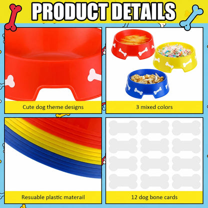 12 Pack Dog Paw Plastic Bowls Dog Theme Birthday Decoration Party Supplies Blue Yellow Snack Bowls Plates Puppy Food Trays with Bone Cards for Party Favors Table Centerpieces(Red)