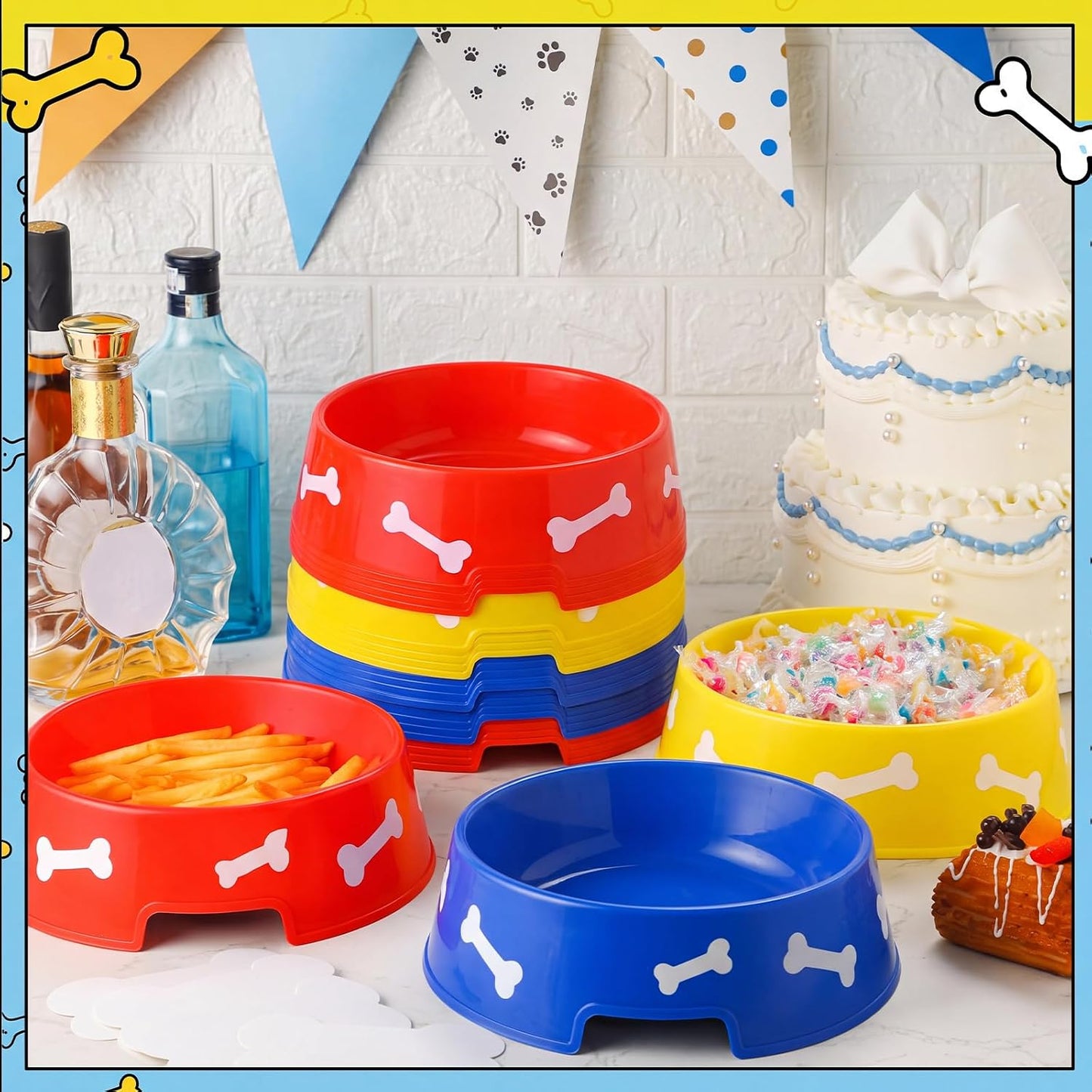 12 Pack Dog Paw Plastic Bowls Dog Theme Birthday Decoration Party Supplies Blue Yellow Snack Bowls Plates Puppy Food Trays with Bone Cards for Party Favors Table Centerpieces(Red)