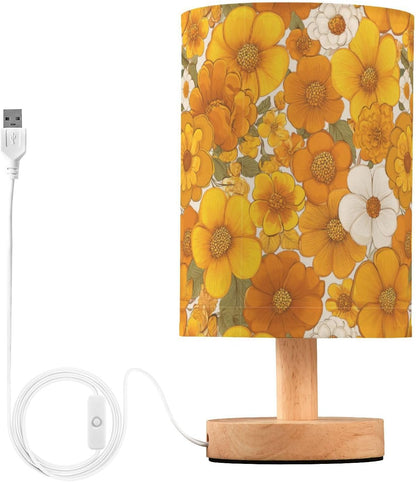 Bedside Table Lamp Retro Groovy Floral Yellow (5) Kids Nightstand Lamp Night Light Fabric Shade for Bedroom Living Room Home