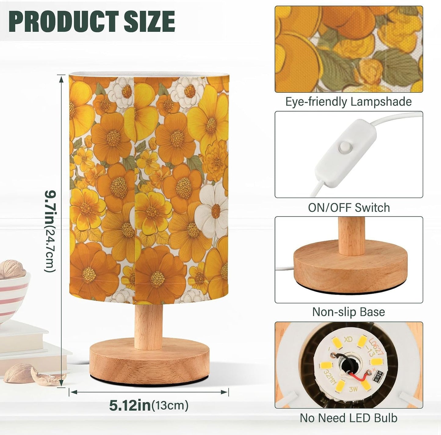 Bedside Table Lamp Retro Groovy Floral Yellow (5) Kids Nightstand Lamp Night Light Fabric Shade for Bedroom Living Room Home