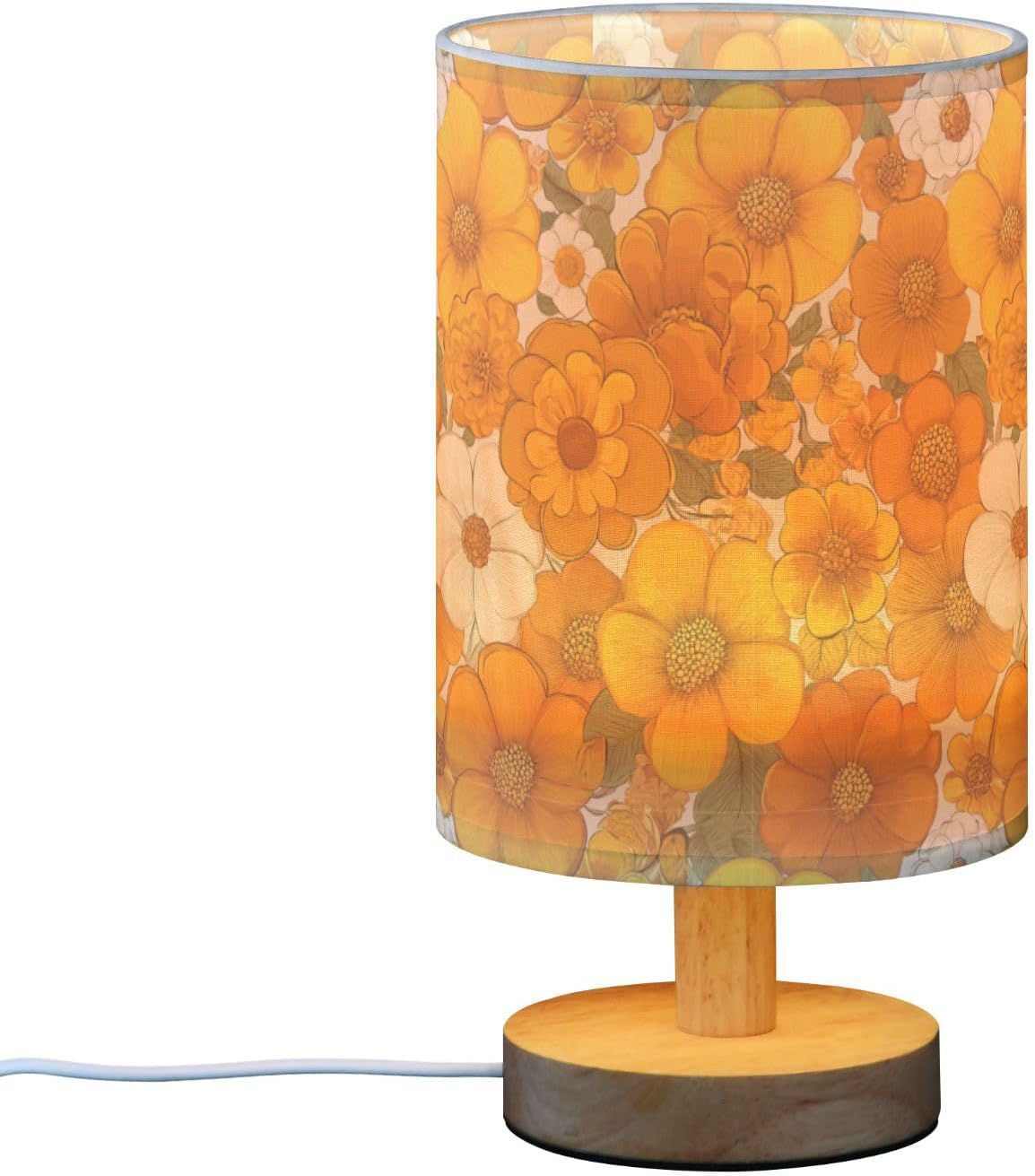 Bedside Table Lamp Retro Groovy Floral Yellow (5) Kids Nightstand Lamp Night Light Fabric Shade for Bedroom Living Room Home