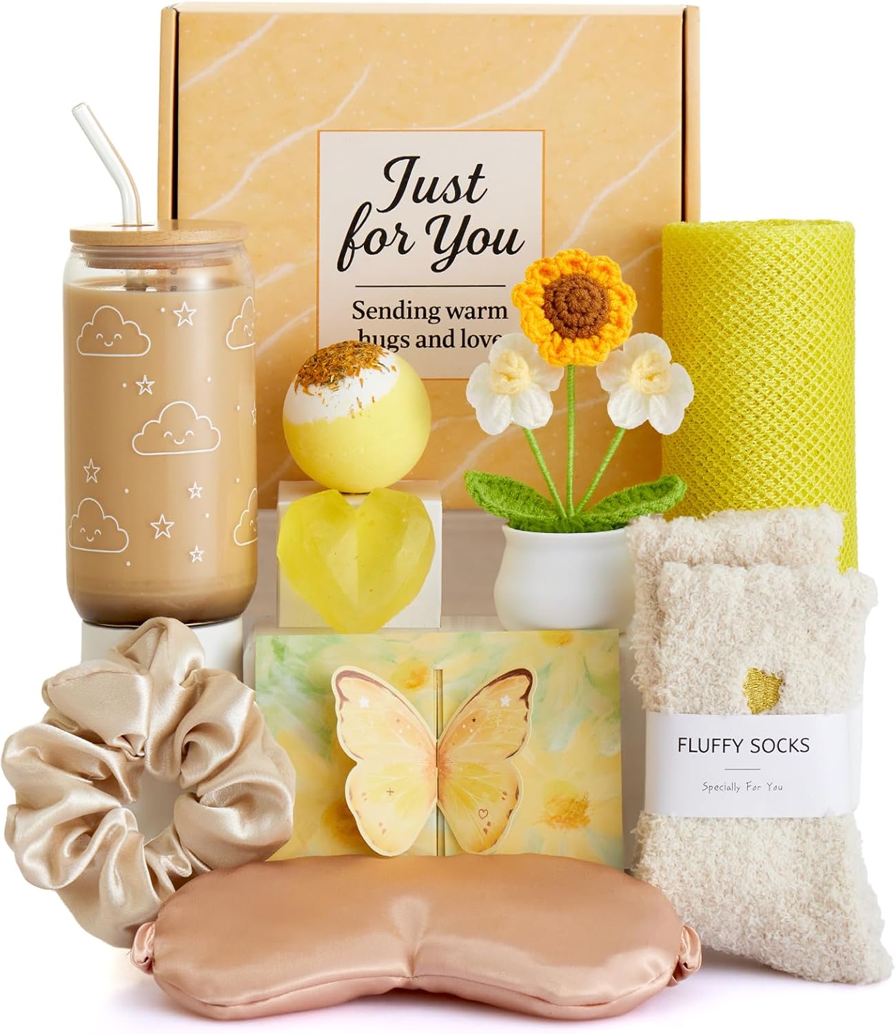 Self Care Gifts for Women, Yellow Spa Gift Box | Plush crochet feel, bath care, cozy rest, drink moments, keepsake, birthdays, home spa, for mom, friend, sister, coworker