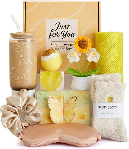 Self Care Gifts for Women, Yellow Spa Gift Box | Plush crochet feel, bath care, cozy rest, drink moments, keepsake, birthdays, home spa, for mom, friend, sister, coworker