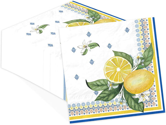 100Pcs Lemon Paper Napkins 6.5 x 6.5 inch 3 Ply Blue Yellow Lemon Dinner Napkins Disposable Absorbent Amalfi Coast Luncheon Napkin for Men Women Summer Citrus Fruit Birthday Wedding Bridal Shower