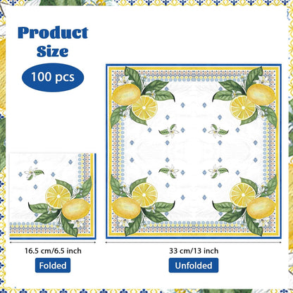 100Pcs Lemon Paper Napkins 6.5 x 6.5 inch 3 Ply Blue Yellow Lemon Dinner Napkins Disposable Absorbent Amalfi Coast Luncheon Napkin for Men Women Summer Citrus Fruit Birthday Wedding Bridal Shower