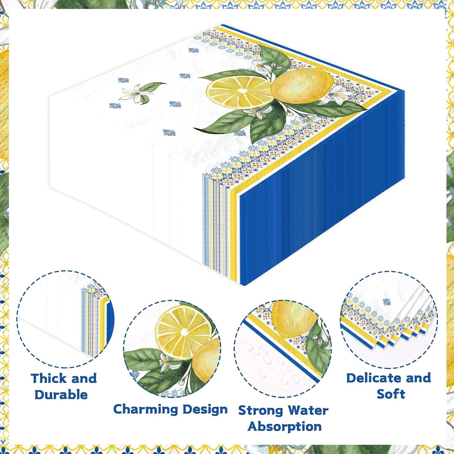 100Pcs Lemon Paper Napkins 6.5 x 6.5 inch 3 Ply Blue Yellow Lemon Dinner Napkins Disposable Absorbent Amalfi Coast Luncheon Napkin for Men Women Summer Citrus Fruit Birthday Wedding Bridal Shower
