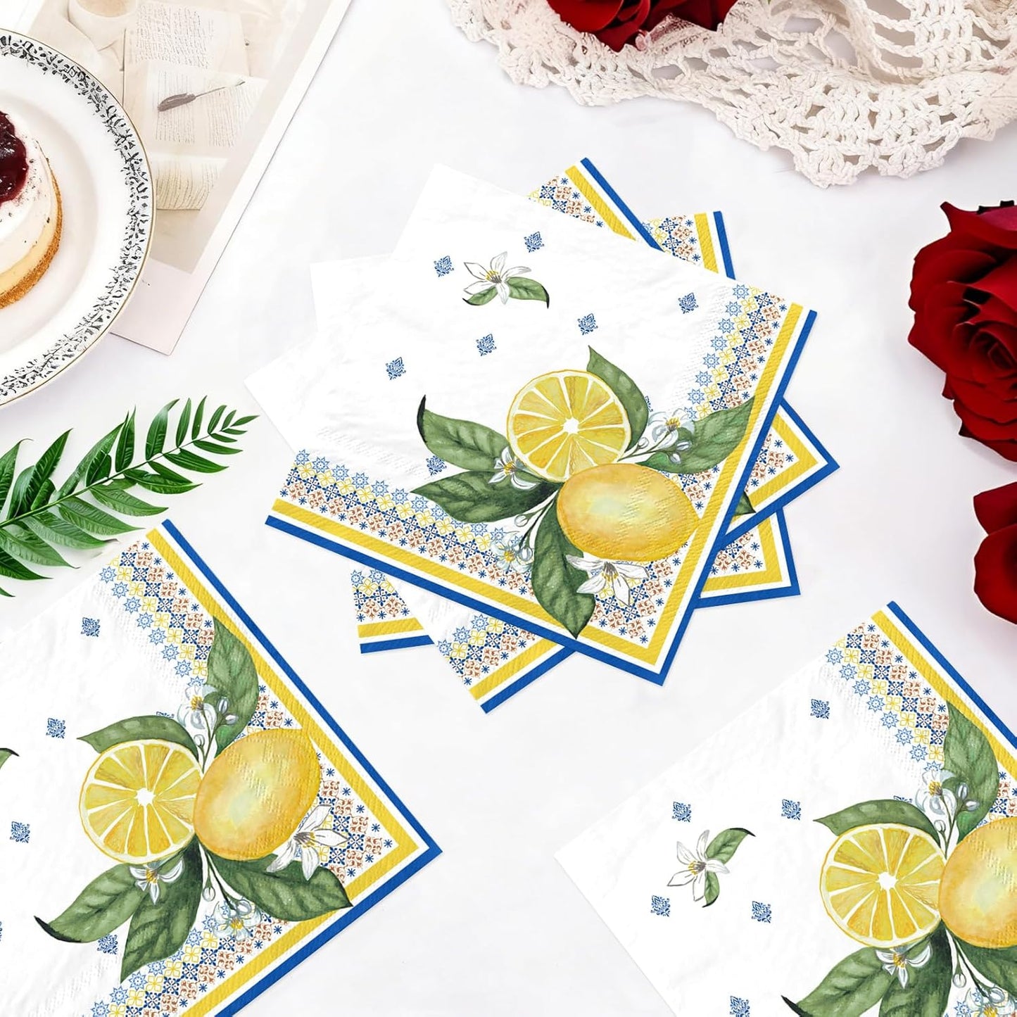 100Pcs Lemon Paper Napkins 6.5 x 6.5 inch 3 Ply Blue Yellow Lemon Dinner Napkins Disposable Absorbent Amalfi Coast Luncheon Napkin for Men Women Summer Citrus Fruit Birthday Wedding Bridal Shower