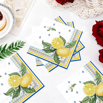 100Pcs Lemon Paper Napkins 6.5 x 6.5 inch 3 Ply Blue Yellow Lemon Dinner Napkins Disposable Absorbent Amalfi Coast Luncheon Napkin for Men Women Summer Citrus Fruit Birthday Wedding Bridal Shower
