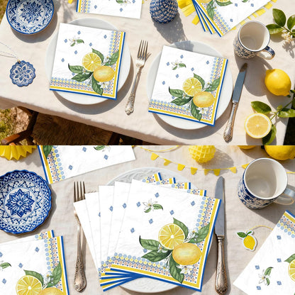 100Pcs Lemon Paper Napkins 6.5 x 6.5 inch 3 Ply Blue Yellow Lemon Dinner Napkins Disposable Absorbent Amalfi Coast Luncheon Napkin for Men Women Summer Citrus Fruit Birthday Wedding Bridal Shower