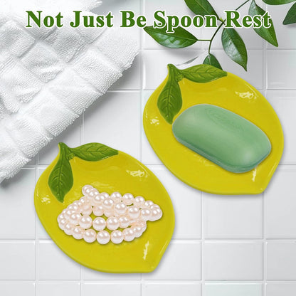 2 Pcs Spoon Rest, Spoon Rest for Stove Top, Ceramic Spoon Rack for Kitchen Countertop, Suitable for Cooking Housewarming Wedding Gift (Yellow Lemon)
