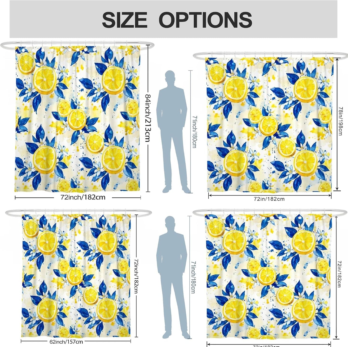 Lemon Shower Curtain, Summer Tropical Leaf Flower Summer Yellow Polyester Waterproof Bathtub Cloth Curtains for Bathroom Toile Guest Room Decor 72x72 Inch