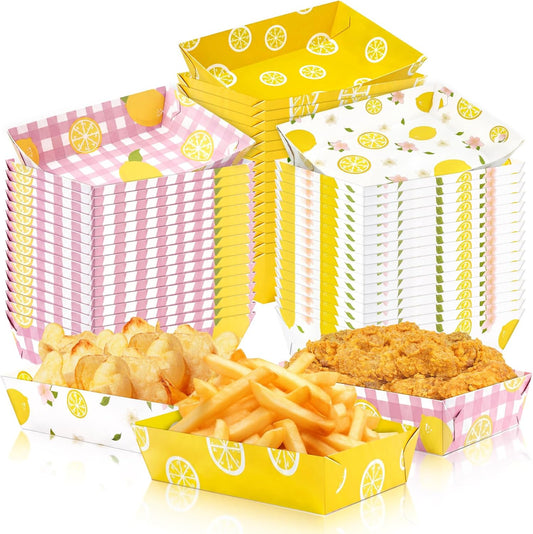 50Pcs Lemon Paper Food Trays Decor Disposable Serving Plates Pink and Yellow Lemonade Summer Freshly Graduated Party Birthday Baby Shower Picnic Supplies Bulk