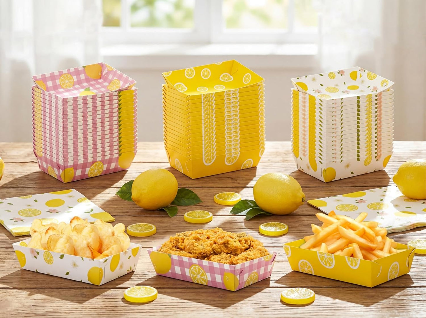 50Pcs Lemon Paper Food Trays Decor Disposable Serving Plates Pink and Yellow Lemonade Summer Freshly Graduated Party Birthday Baby Shower Picnic Supplies Bulk