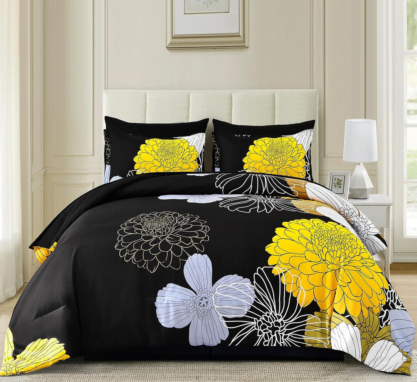 Bed in a Bag Queen Yellow Black Comforter Set 7 Pieces Soft Microfiber Floral Boho Bedding Set with 1 Comforter 1 Flat Sheet 1 Fitted Sheet 2 Pillowshams 2 Pillowcases