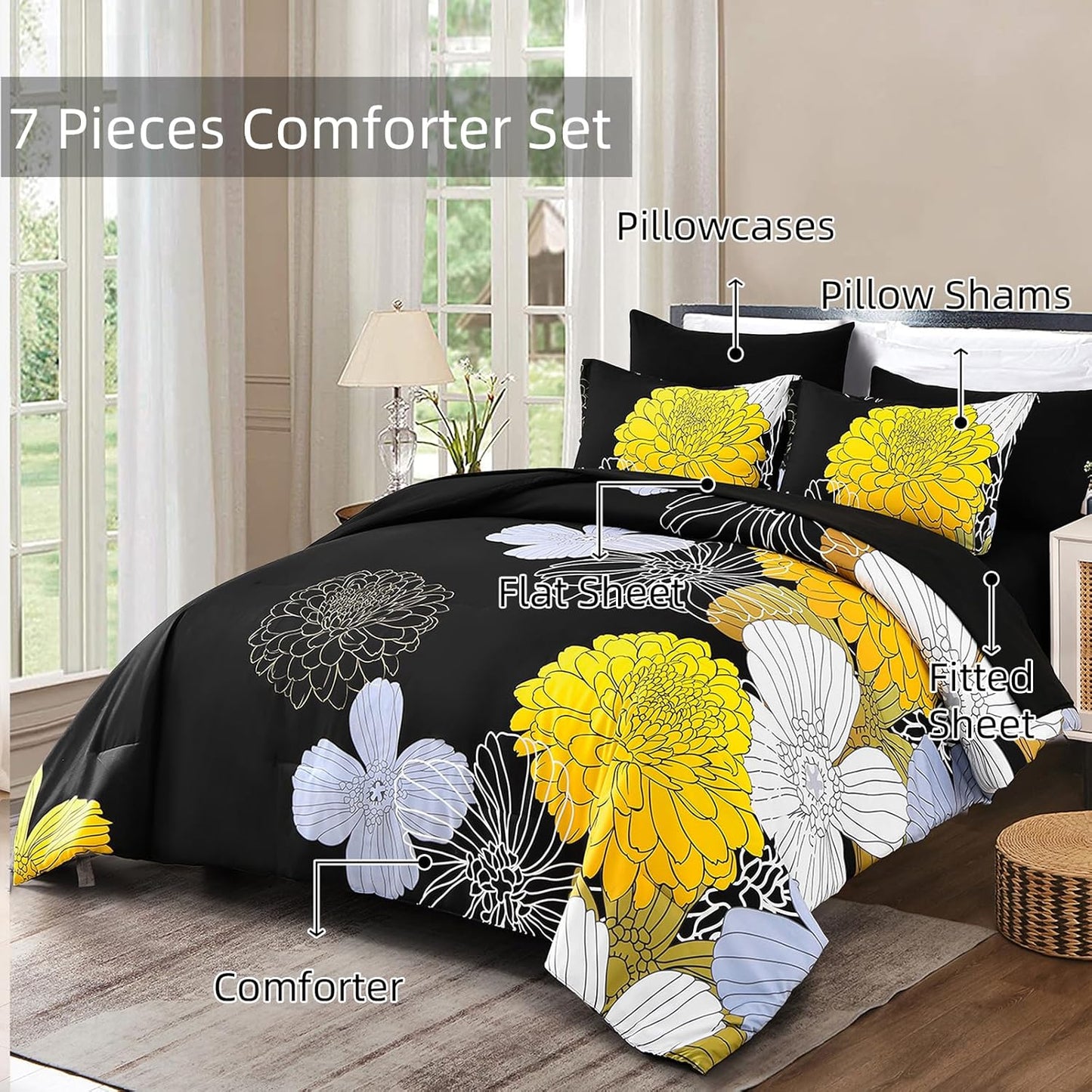Bed in a Bag Queen Yellow Black Comforter Set 7 Pieces Soft Microfiber Floral Boho Bedding Set with 1 Comforter 1 Flat Sheet 1 Fitted Sheet 2 Pillowshams 2 Pillowcases